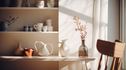 Fototapeta na wymiar Neutral Minimalist lifestyle in Scandinavian style. Sunny day. Minimalistic interior, with a simple beautiful composition. Flowers in vase.