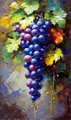 Grape painting on canvas. Multicolored bunch of grapes on canvas.