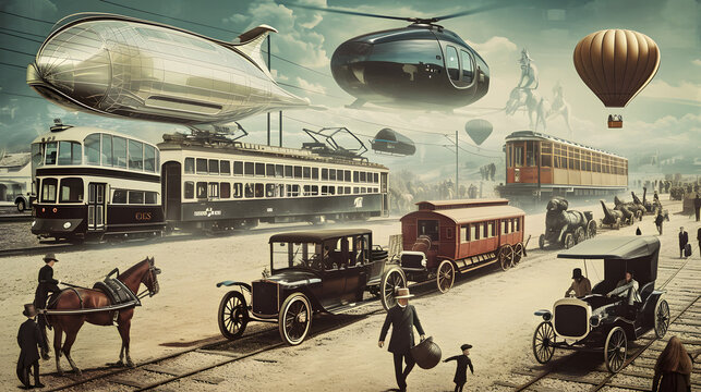 A collage depicting the evolution of transportation from horse-drawn carriages to futuristic vehicles.