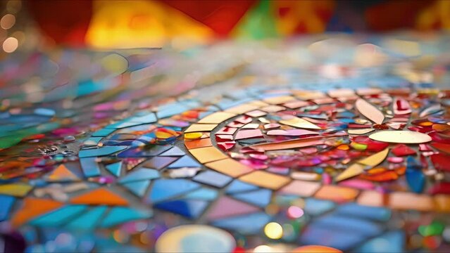 Closeup of a vibrant mosaic depicting various cultural symbols of peace.