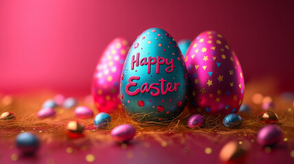 Fototapeta na wymiar Colorful Easter Celebration with Decorated Eggs and Joyful Wishes, 