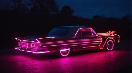 old 3d car with neon light on a dark background Ai generated