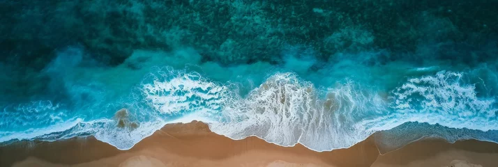 Foto op Plexiglas Panoramic aerial view of the sea Top view aerial photo of an seascape. Ocean wave with foam. Turquoise water © Yulia