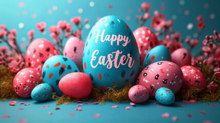 Fototapeta na wymiar A Celebration of Easter with Ornate Eggs, Floral Decorations and Vibrant Wishes, 