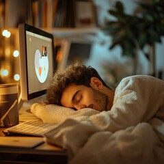 Man Sleeping in Bed With Head on Laptop