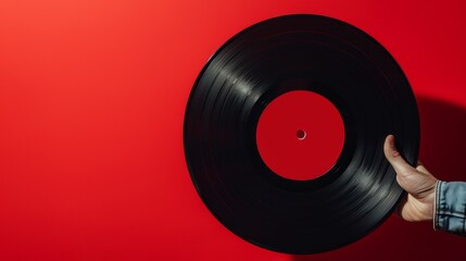 Black Vinyl Record on red background. Image of a Long Play. Sound tracks on a vinyl record