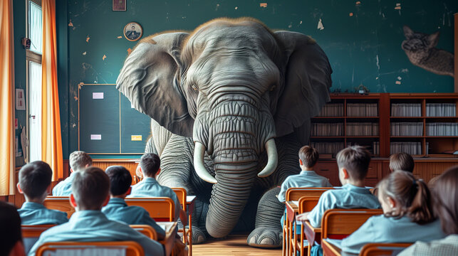 giant elephant stands in front of children in a classroom, a creative concept for education challenges - the elephant in the room