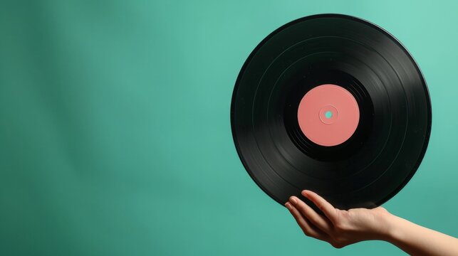 Hand holding a black Vinyl Record on green background. Image of a Long Play. Sound tracks on a vinyl record