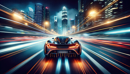 High-Speed Supercar Racing Through City at Night - obrazy, fototapety, plakaty
