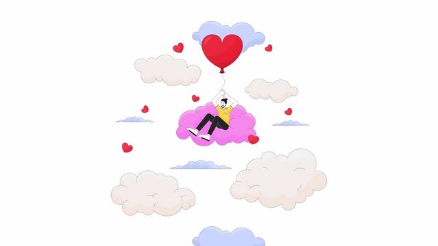 Caucasian man flying with balloon in clouds line 2D animation. Cloudy heart shaped baloon european male 4K video motion graphic. Dreamy linear animated cartoon flat concept, white background