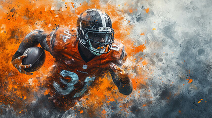 American football; player in action; sports illustration; dynamic sportsman; football charge; determination; athletic power