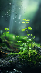vertical background green forest, dew drops and wet rain on young leaves and shoots in the depths of the green forest of the wild