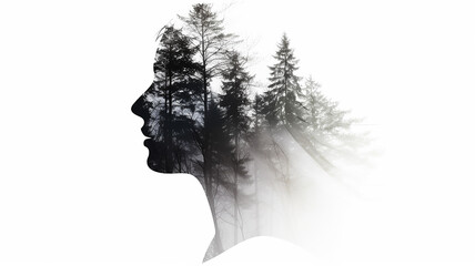 silhouette of a woman, multi-exposure nature, on a white background