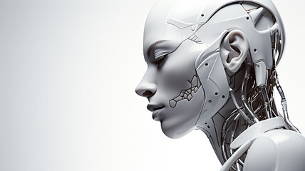 female cyborg robot on white background, female portrait head, girl, fictional abstract character - obrazy, fototapety, plakaty