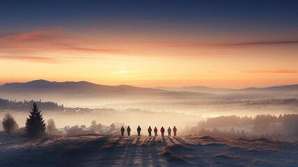 panoramic winter view, a group of people against a cold landscape, copy space against the sky