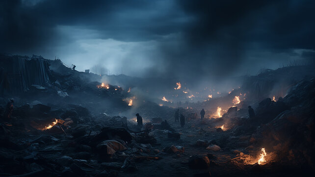 garbage dump, night post-apocalypse, gloomy landscape burning city garbage dump