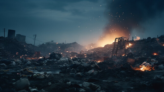 garbage dump, night post-apocalypse, gloomy landscape burning city garbage dump