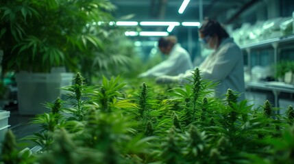 Cannabis garden lab with scientist research medical treatment, drugs or analysis
