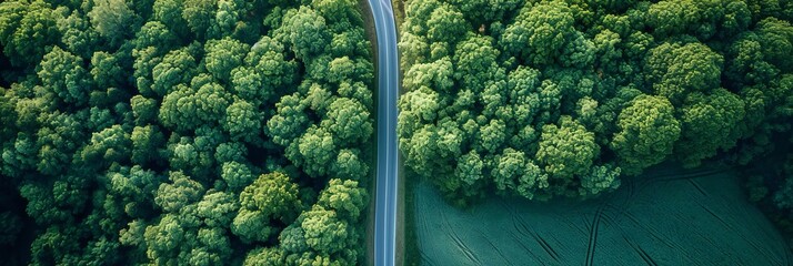 Aerial view of road in beautiful green forest in spring. Colorful landscape with car on the roadway, trees in summer. Top view from drone of highway. View from above. Travel