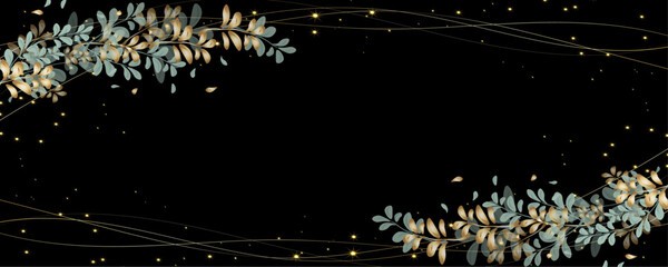 Vector art deco luxury flower, leaves line pattern, golden background. Golden botany banner. Japanese style Hand drawn vector. Line art style design. Hand drawn florals for packaging,coveand wall arts