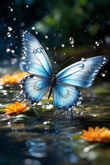 Blue Butterfly Soaring Over Serene Waters. Generative AI.