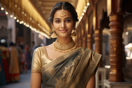 Indian ethnic beautiful young woman with smiling face in an outdoor background