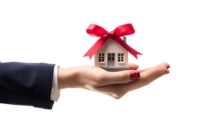 Girl's hand in suit holding house with red ribbon isolated on white background. Close up. High resolution product, generative ai
