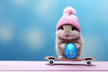 Fototapeta premium Cute Easter bunny with skateboard and painted egg on blue background