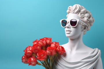Statue of Aphrodite with sunglasses and a bouquet of flowers on a blue background