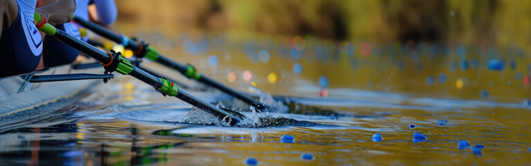 Rowing on the lake. Horizontal banner with copy space.