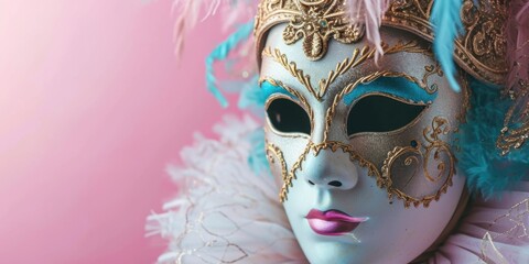 Venetian carnival mask with feathers on a pink background.