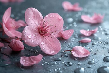 Beautiful sakura flowers with water drops on grey background, closeup