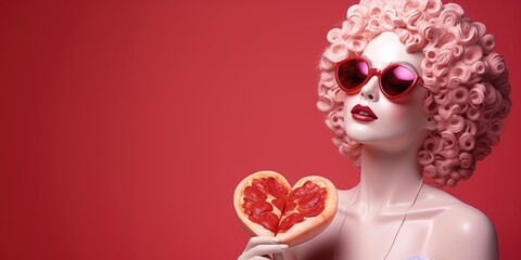  Portrait of an Italian sculpture of a woman with pink hair and heart-shaped pizza on a red...
