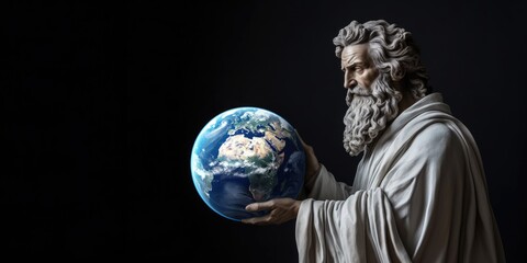 Sculpture of an astronomer with the planet earth in his hands on a black background. Earth Day...