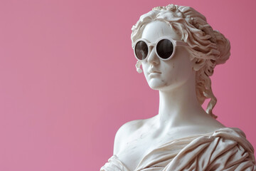Sculpture of a beauty goddess wearing fashionable sunglasses on a pink background.