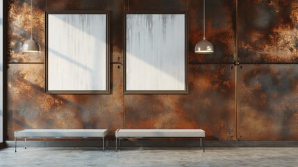 Modern Interior with Rustic Metal Wall and Blank White Mockup Frames