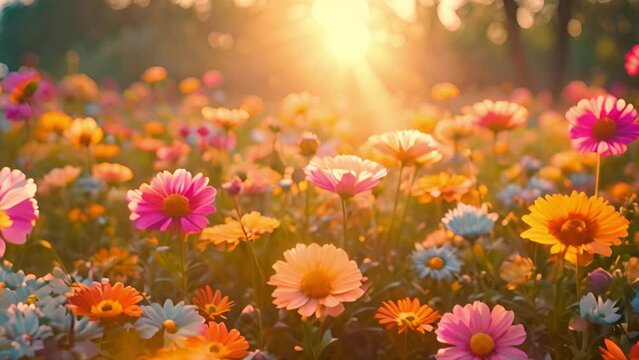 Colorful spring flowers in the sun. Various colored. Summer alpine meadow with colorful wildflowers. Camera moves among grass and colorful flowers, backlight, sunset. Summer alpine green flora backgro
