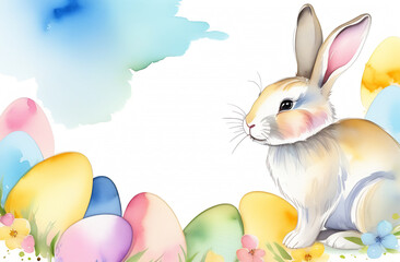 Easter. White bunny and Easter eggs in watercolor technique. Illustration in pastel colors, space for description. Suitable for cover, postcard - obrazy, fototapety, plakaty