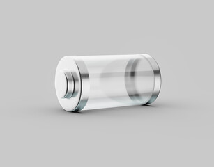 Glossy transparent battery charging glass empty battery with metal caps on white background 3d illustration