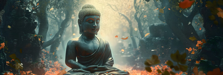 Buddha statue in the forest. 3D illustration. Panorama
