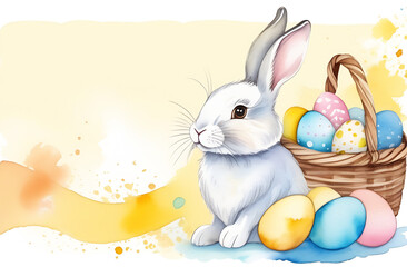 Easter. Bunny and basket with Easter eggs in watercolor technique. Illustration in pastel colors, space for description. Suitable for cover, postcard - obrazy, fototapety, plakaty