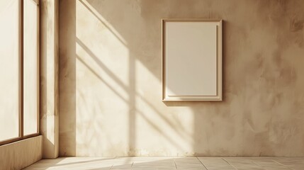 Modern Interior with Sunlight Casting Shadows, Featuring a Blank Mockup Frame on Textured Wall