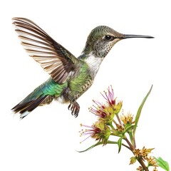 Hummingbird Flying Over Flower on White Background, Natures Beauty Captured