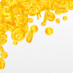 Russian ruble coins falling. Scattered gold RUB