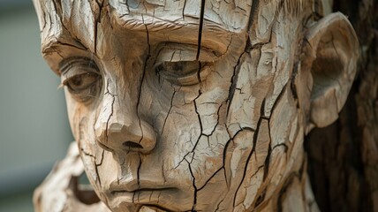 Portrait of a young boy carved from wood. Wooden sculpture of a person with many age cracks in the wood