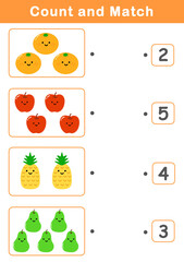 Counting Game for Preschool Children. Math Activities for Kids with cute fruits. Math activities for toddlers to practice early math concepts.