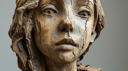 Fototapeta na wymiar Portrait of a young girl carved from wood. Wooden sculpture of a person with many age cracks in the wood
