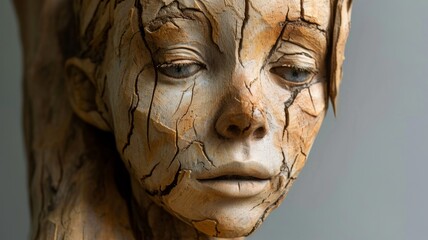 Fototapeta na wymiar Portrait of a young girl carved from wood. Wooden sculpture of a person with many age cracks in the wood