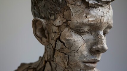 Portrait of a young man carved from wood. Wooden sculpture of a person with many age cracks in the wood