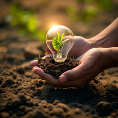 Hands holding light bulb with tree inside. Sustainable energy in use. Saving energy. Green planet.